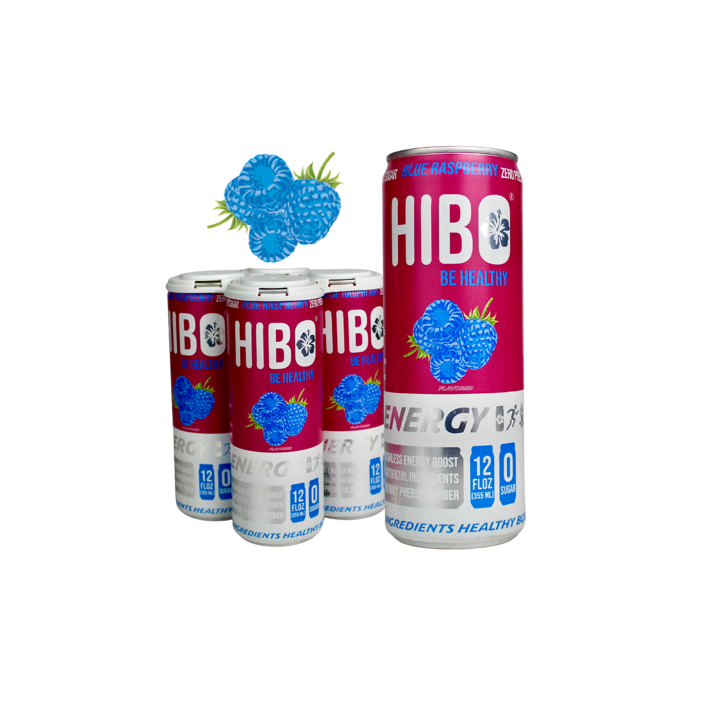 All-Natural Zero Sugar Energy Drink HIBO BLUE RASPBERRY, 12 FL OZ - Preservative Free - Gut Healthy - Key Electrolytes Antioxidants & Vitamins - Organic Caffeine - 10 Calories