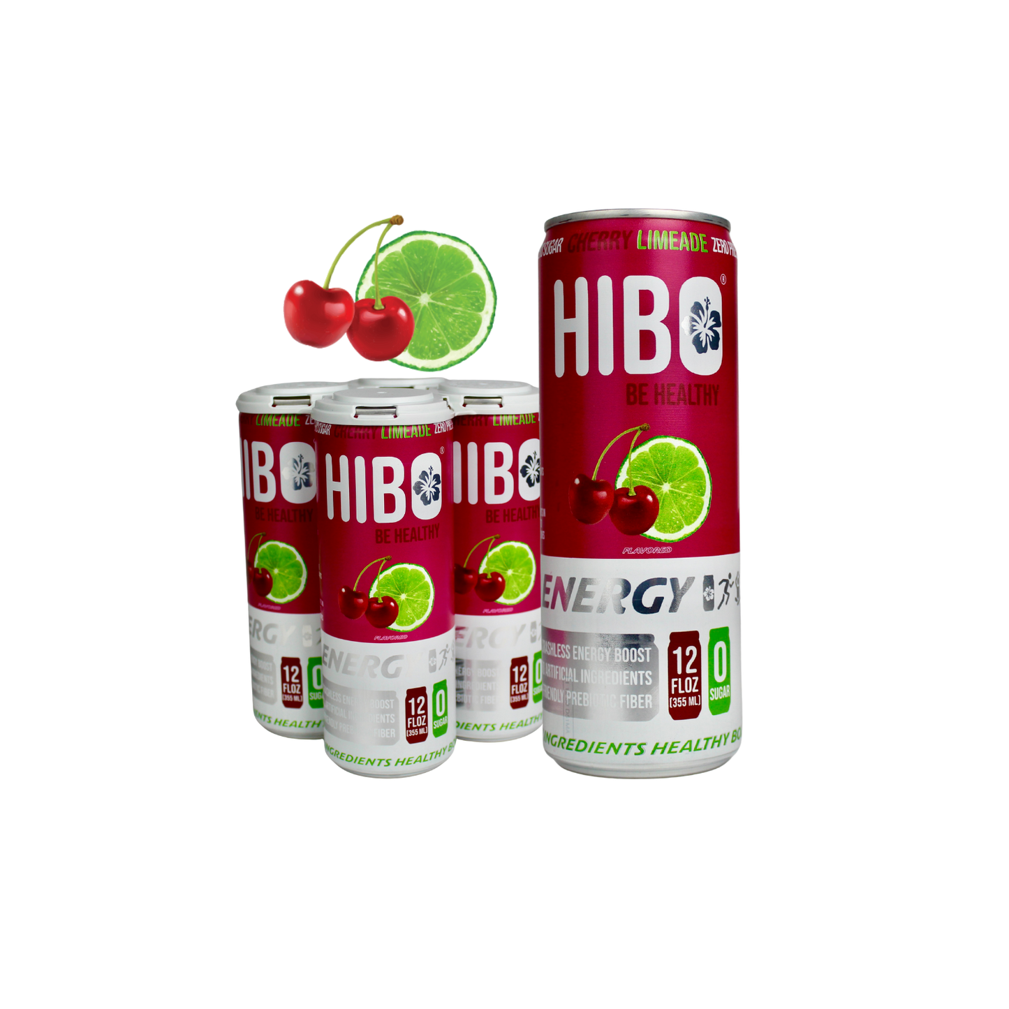 All-Natural Zero Sugar Energy Drink HIBO CHERRY LIMEADE, 12 FL OZ - Preservative Free - Gut Healthy - Key Electrolytes Antioxidants & Vitamins - Organic Caffeine - 10 Calories
