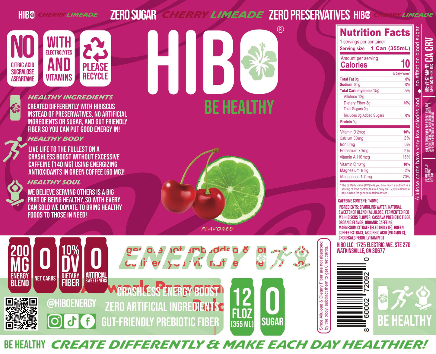 All-Natural Zero Sugar Energy Drink HIBO CHERRY LIMEADE