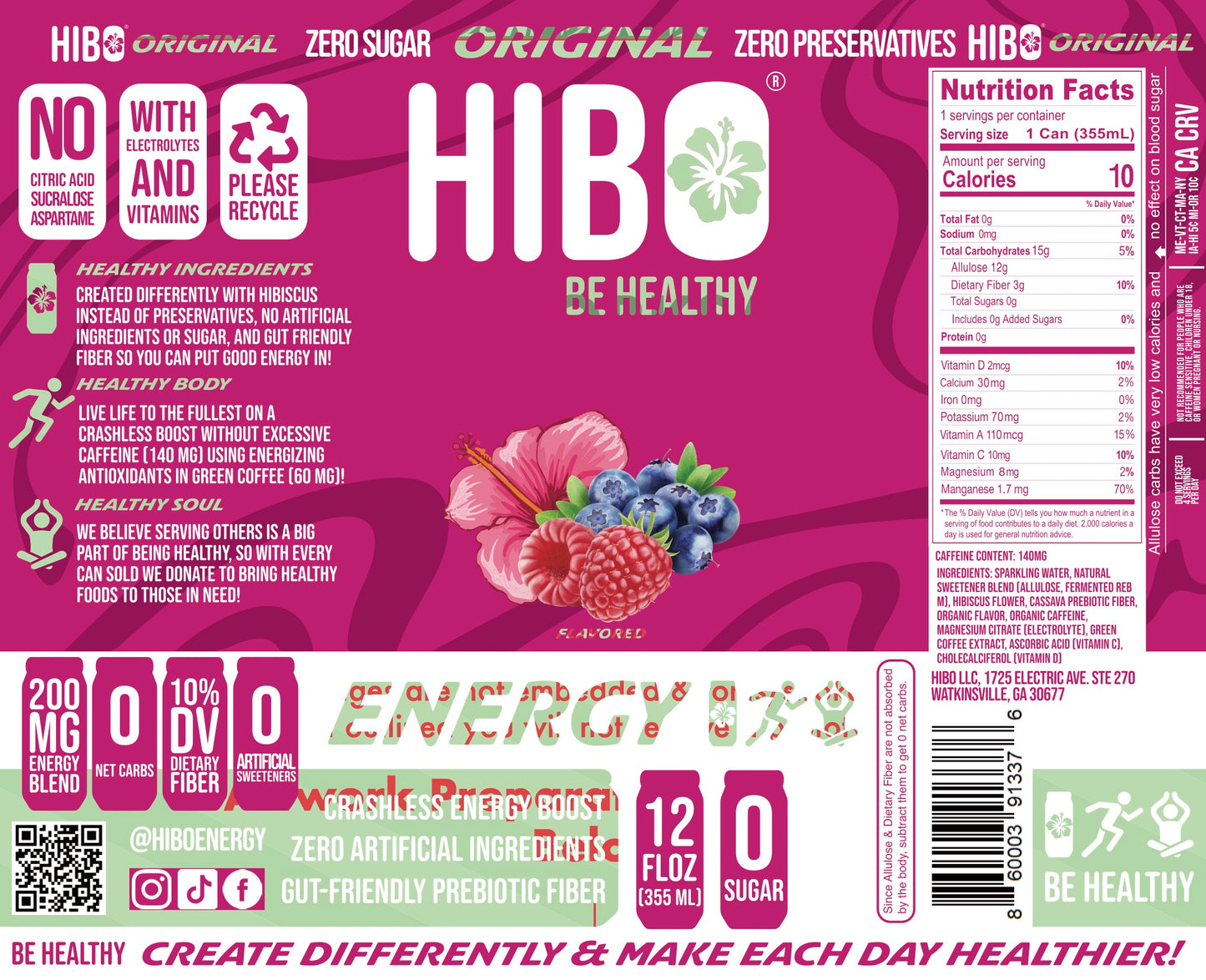 All-Natural Zero Sugar Energy Drink HIBO ORIGINAL (Mixed Berry)