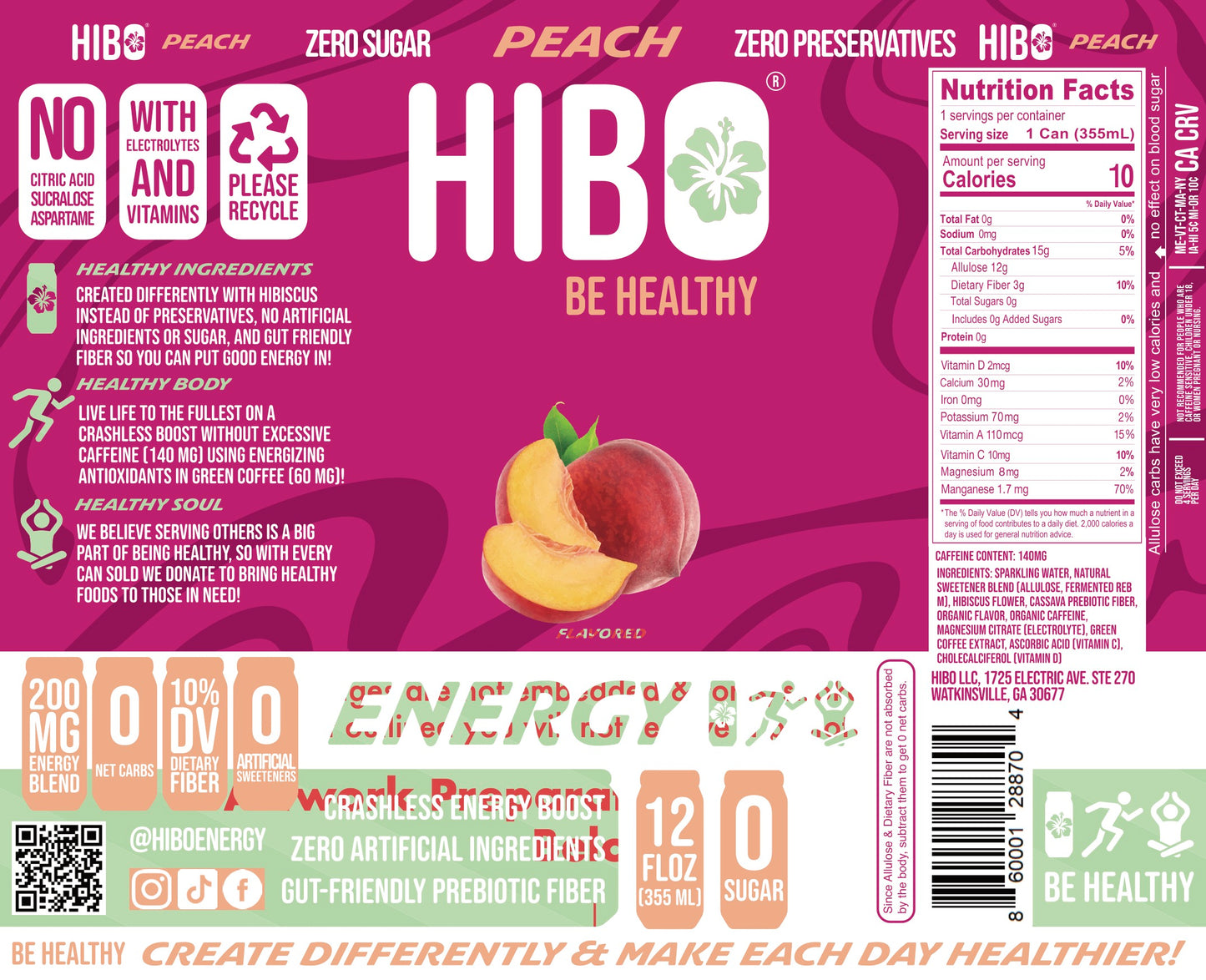 All-Natural Zero Sugar Energy Drink HIBO PEACH