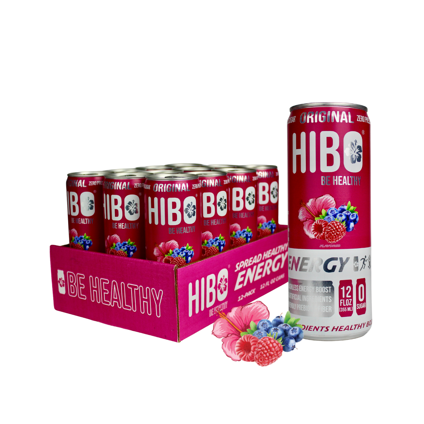 All-Natural Zero Sugar Energy Drink HIBO ORIGINAL (Mixed Berry), 12 FL OZ - Preservative Free - Gut Healthy - Key Electrolytes Antioxidants & Vitamins - Organic Caffeine - 10 Calories