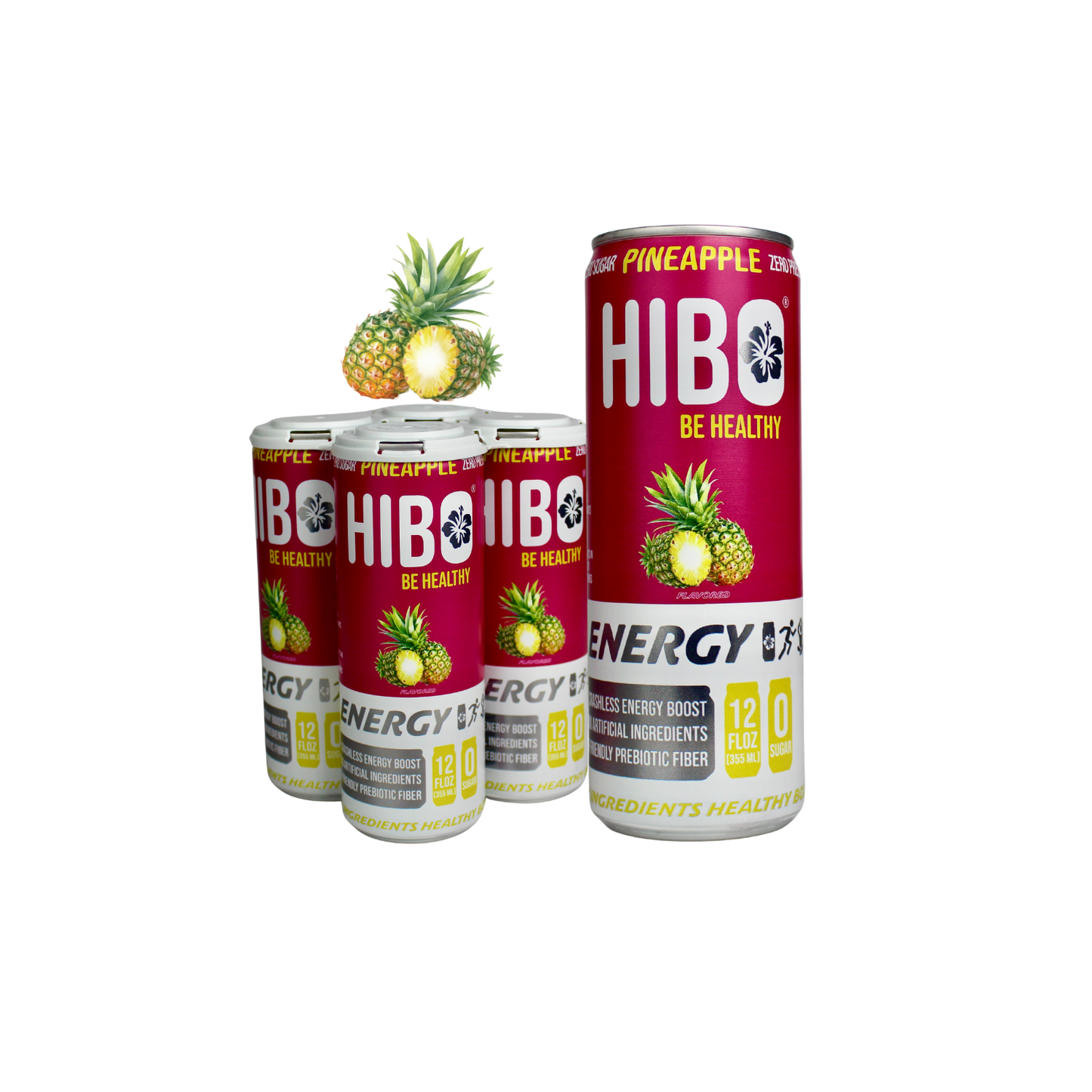 All-Natural Zero Sugar Energy Drink HIBO PINEAPPLE, 12 FL OZ - Preservative Free - Gut Healthy - Key Electrolytes Antioxidants & Vitamins - Organic Caffeine - 10 Calories