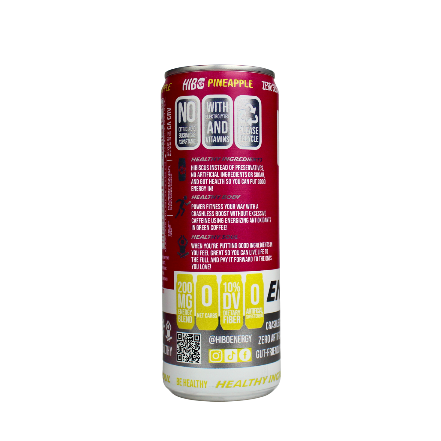 All-Natural Zero Sugar Energy Drink HIBO PINEAPPLE, 12 FL OZ - Preservative Free - Gut Healthy - Key Electrolytes Antioxidants & Vitamins - Organic Caffeine - 10 Calories