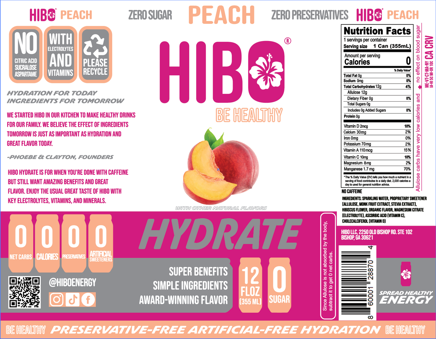 All-Natural Zero-Sugar Hydration Drink HIBO HYDRATE PEACH