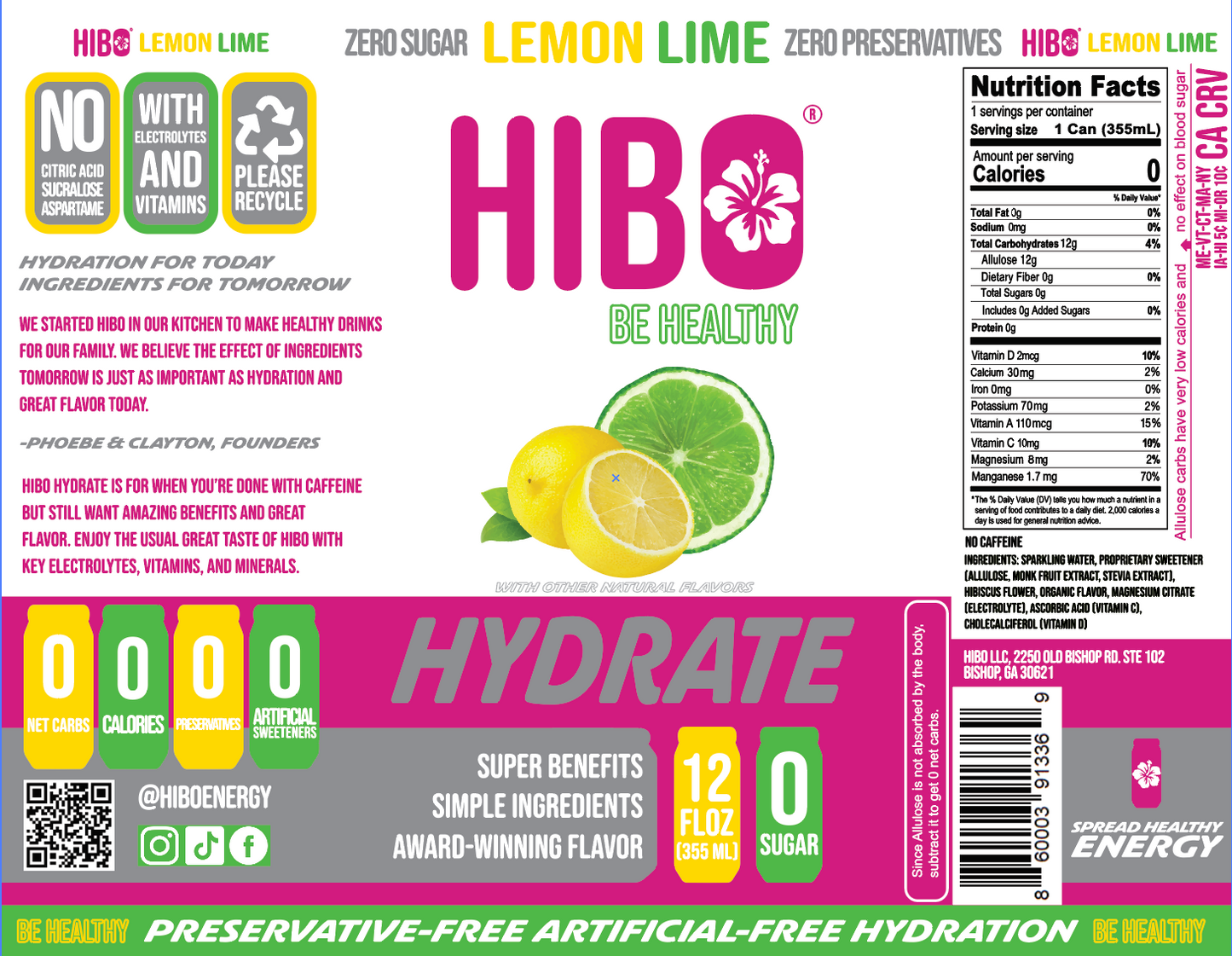 All-Natural Zero-Sugar Hydration Drink HIBO HYDRATE LEMON LIME