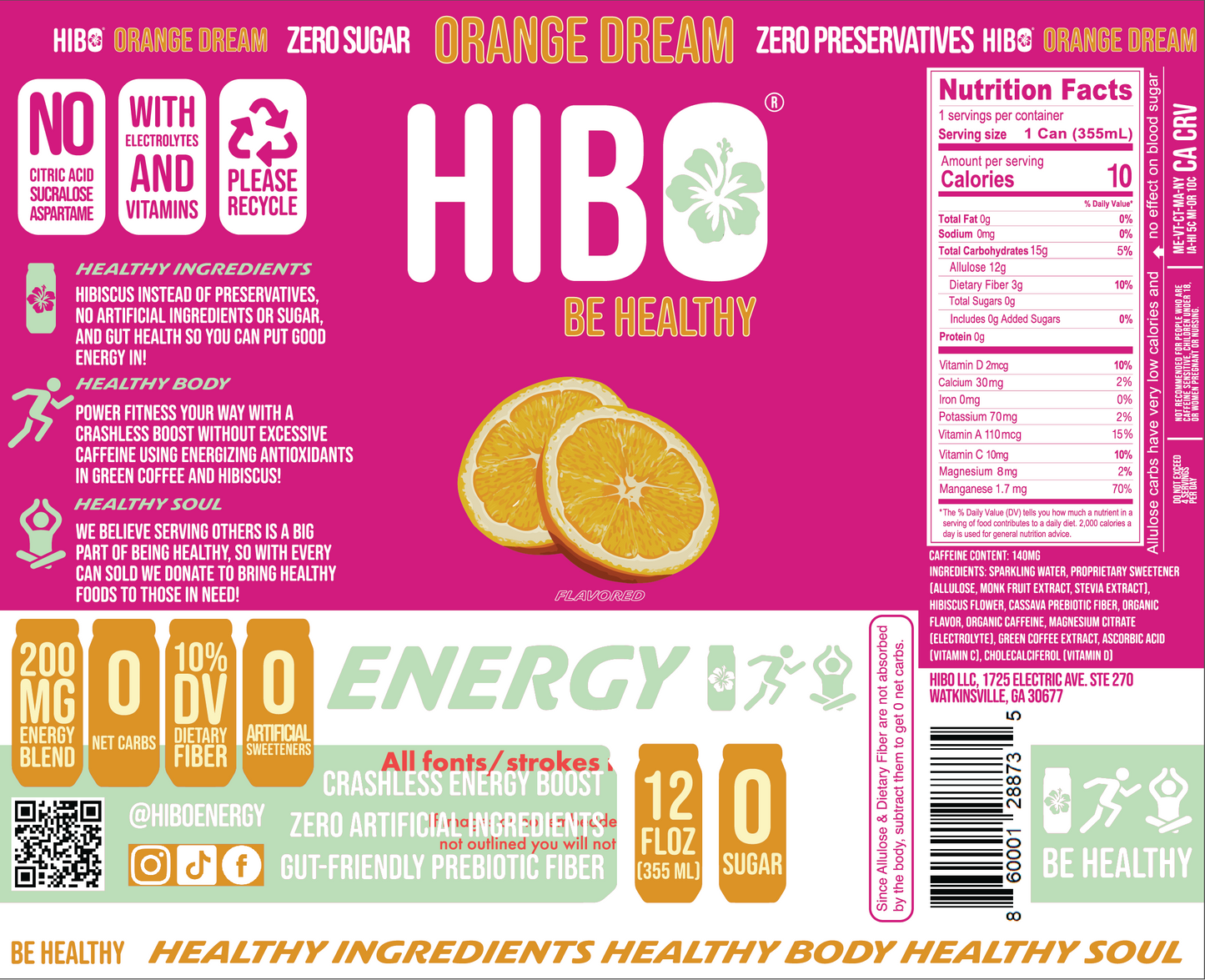 (BRAND NEW!) All-Natural Zero Sugar Energy Drink HIBO ORANGE DREAM, 12 FL OZ - Preservative Free - Gut Healthy - Key Electrolytes Antioxidants & Vitamins - Organic Caffeine - 10 Calories (Copy)