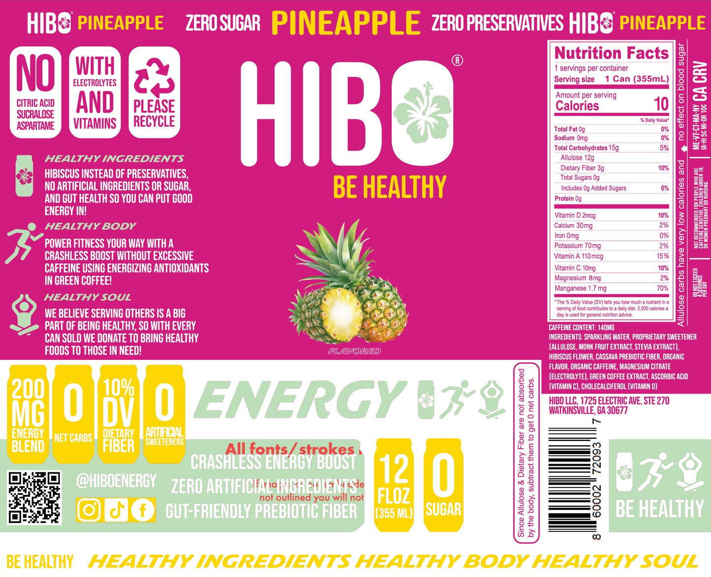 All-Natural Zero Sugar Energy Drink HIBO PINEAPPLE, 12 FL OZ - Preservative Free - Gut Healthy - Key Electrolytes Antioxidants & Vitamins - Organic Caffeine - 10 Calories