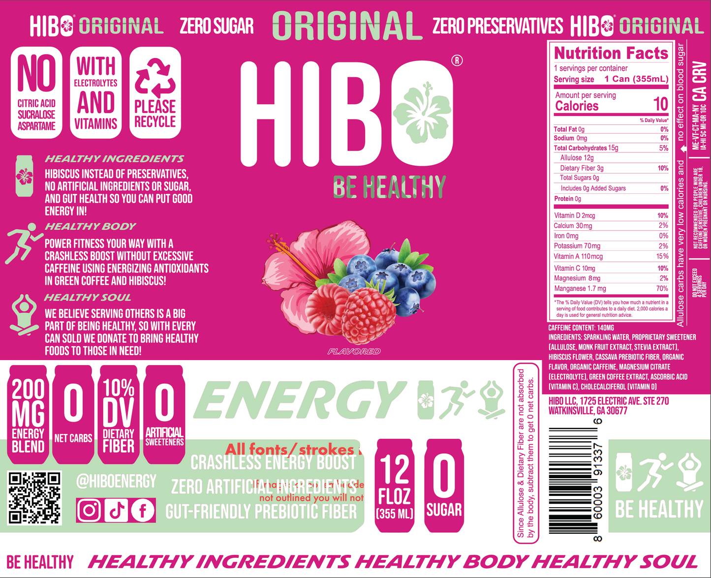 All-Natural Zero Sugar Energy Drink HIBO ORIGINAL (Mixed Berry), 12 FL OZ - Preservative Free - Gut Healthy - Key Electrolytes Antioxidants & Vitamins - Organic Caffeine - 10 Calories