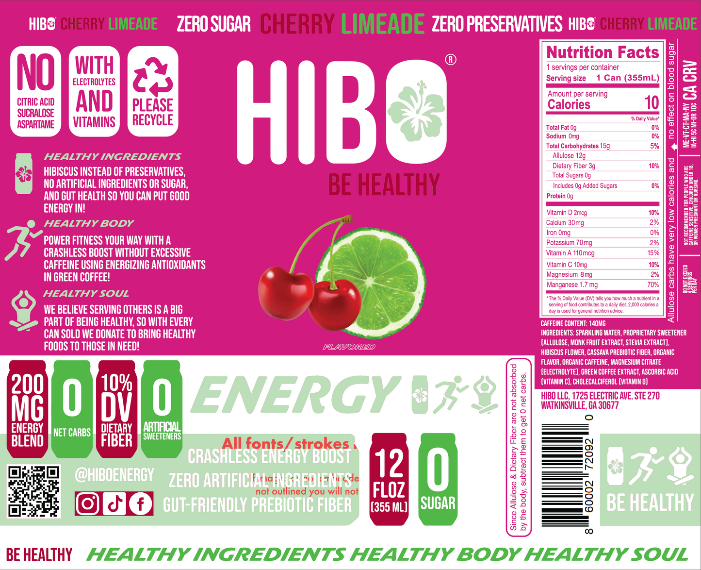 All-Natural Zero Sugar Energy Drink HIBO CHERRY LIMEADE, 12 FL OZ - Preservative Free - Gut Healthy - Key Electrolytes Antioxidants & Vitamins - Organic Caffeine - 10 Calories