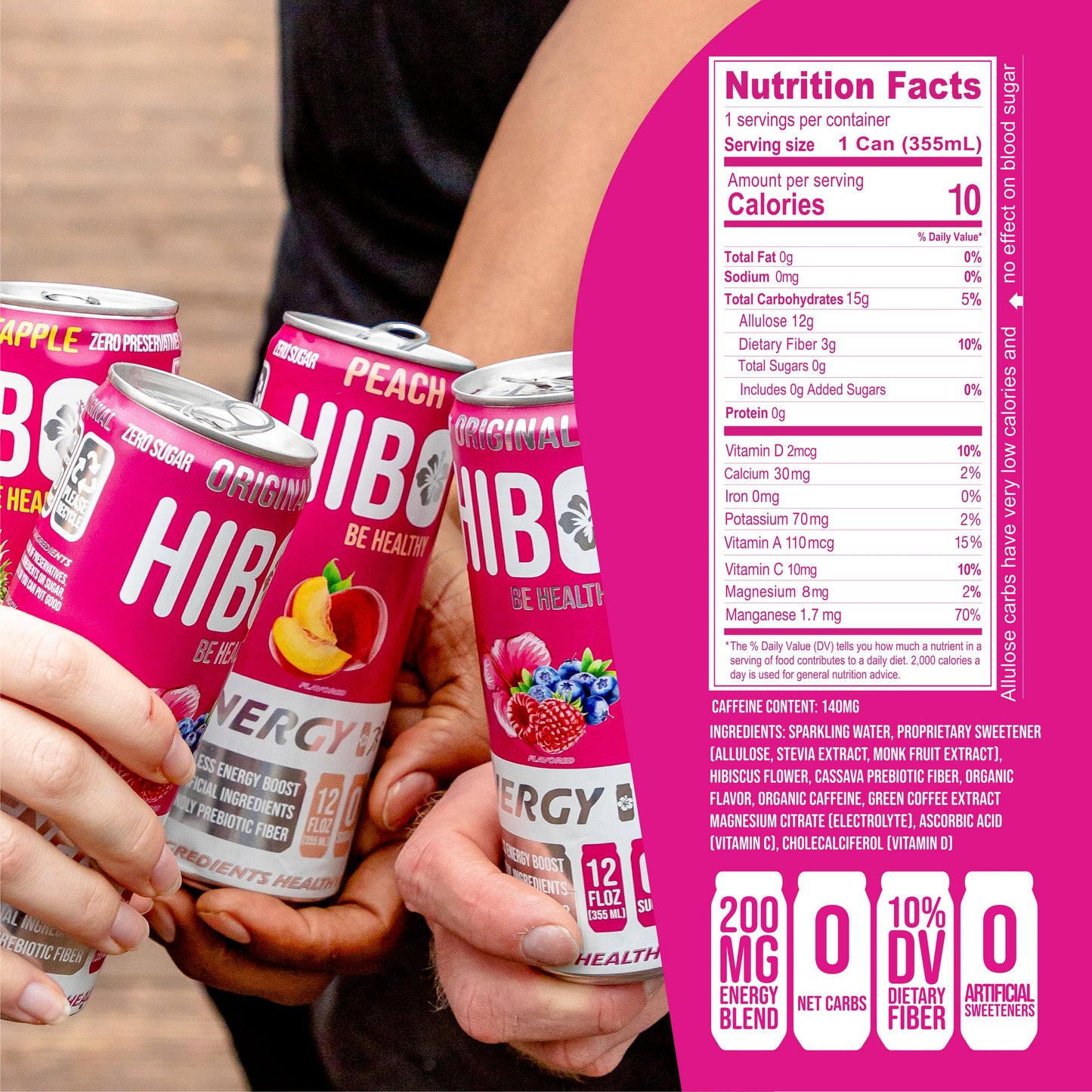 All-Natural Zero Sugar Energy Drink HIBO ORIGINAL (Mixed Berry), 12 FL OZ - Preservative Free - Gut Healthy - Key Electrolytes Antioxidants & Vitamins - Organic Caffeine - 10 Calories