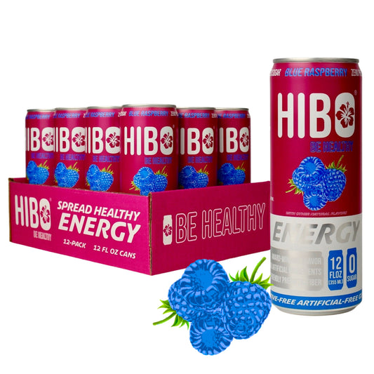 HIBO BLUE RASPBERRY (Limited Release!), Gut-Healthy Energy Drink 12 FL OZ - Sugar Free - Preservative Free - Artificial Free - Key Electrolytes Antioxidants & Vitamins - Organic Caffeine - 10 Calories