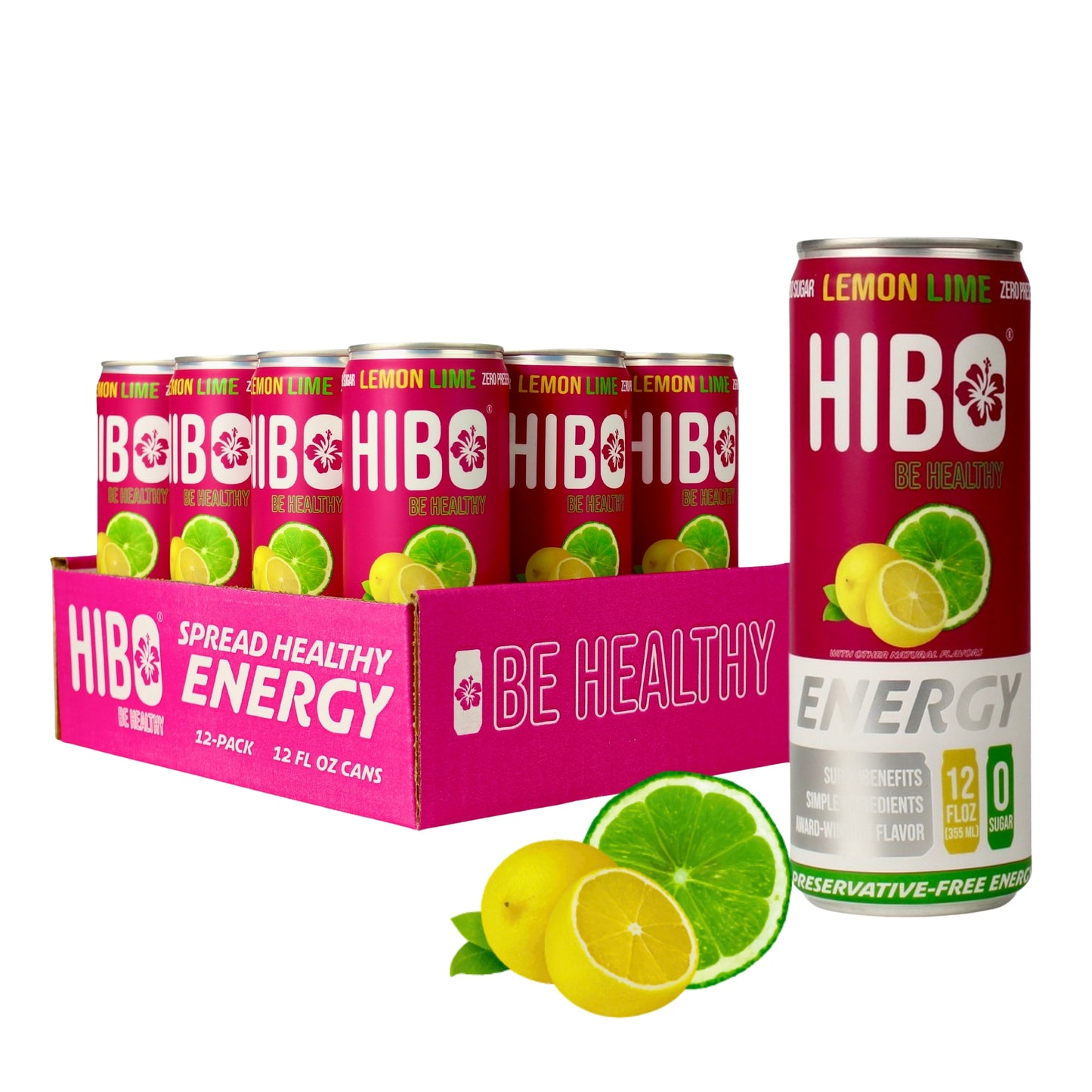 HIBO LEMON LIME, Gut-Healthy Energy Drink 12 FL OZ - Sugar Free - Preservative Free - Artificial Free - Key Electrolytes Antioxidants & Vitamins - Organic Caffeine - 10 Calories