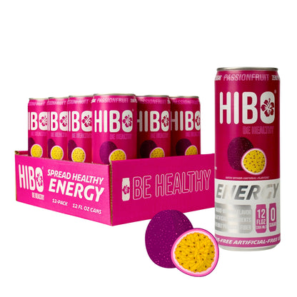 HIBO PASSIONFRUIT, Gut-Healthy Energy Drink 12 FL OZ - Sugar Free - Preservative Free - Artificial Free - Key Electrolytes Antioxidants & Vitamins - Organic Caffeine - 10 Calories