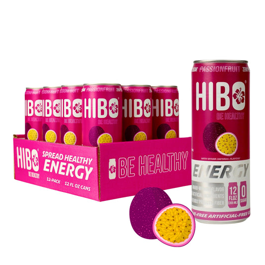 HIBO PASSIONFRUIT, Gut-Healthy Energy Drink 12 FL OZ - Sugar Free - Preservative Free - Artificial Free - Key Electrolytes Antioxidants & Vitamins - Organic Caffeine - 10 Calories