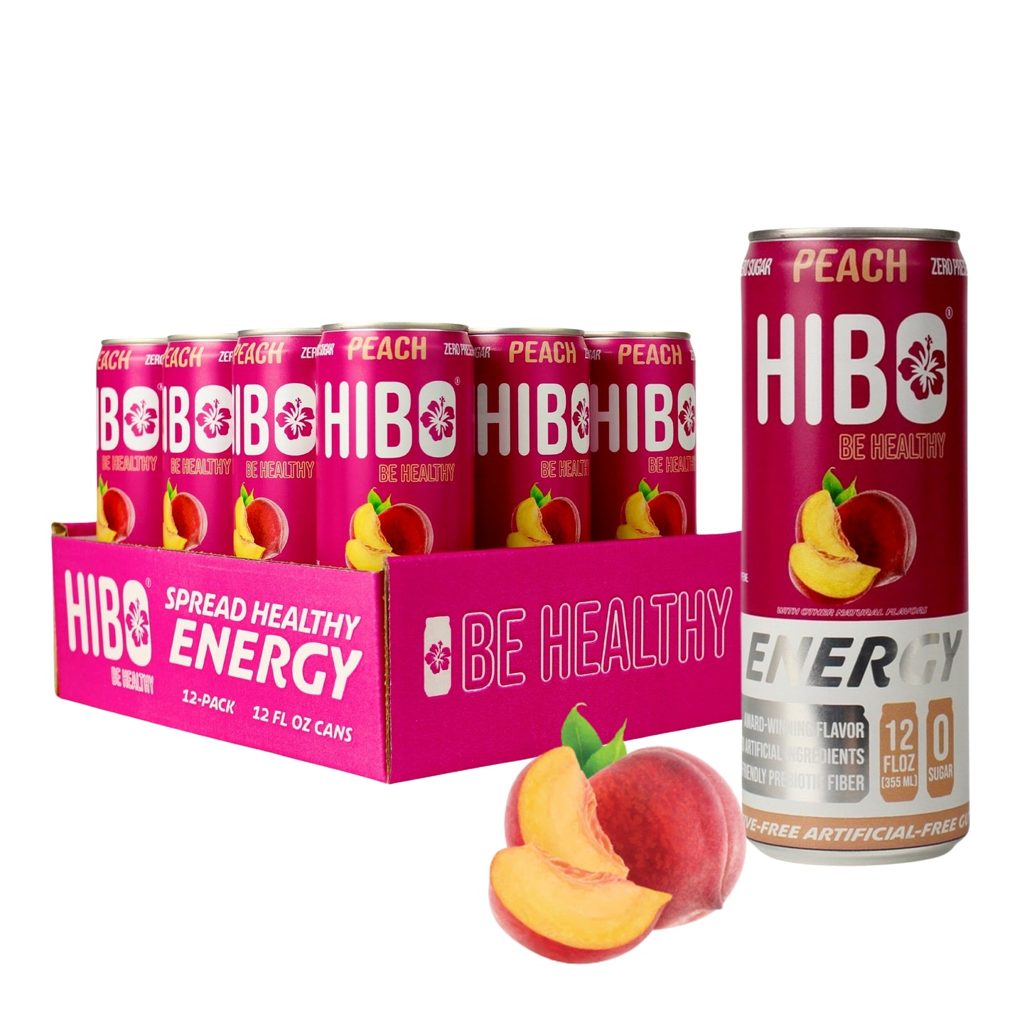 HIBO PEACH, Gut-Healthy Energy Drink 12 FL OZ - Sugar Free - Preservative Free - Artificial Free - Key Electrolytes Antioxidants & Vitamins - Organic Caffeine - 10 Calories