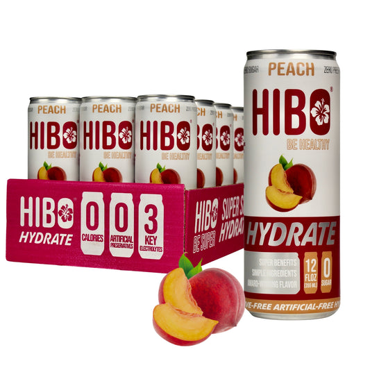 HIBO HYDRATE PEACH, Gut-Friendly Hydration Drink 12 FL OZ - Sugar Free - Preservative Free - Artificial Free - Key Electrolytes Antioxidants & Vitamins - Organic Flavors - 10 Calories