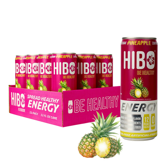 HIBO PINEAPPLE, Gut-Healthy Energy Drink 12 FL OZ - Sugar Free - Preservative Free - Artificial Free - Key Electrolytes Antioxidants & Vitamins - Organic Caffeine - 10 Calories