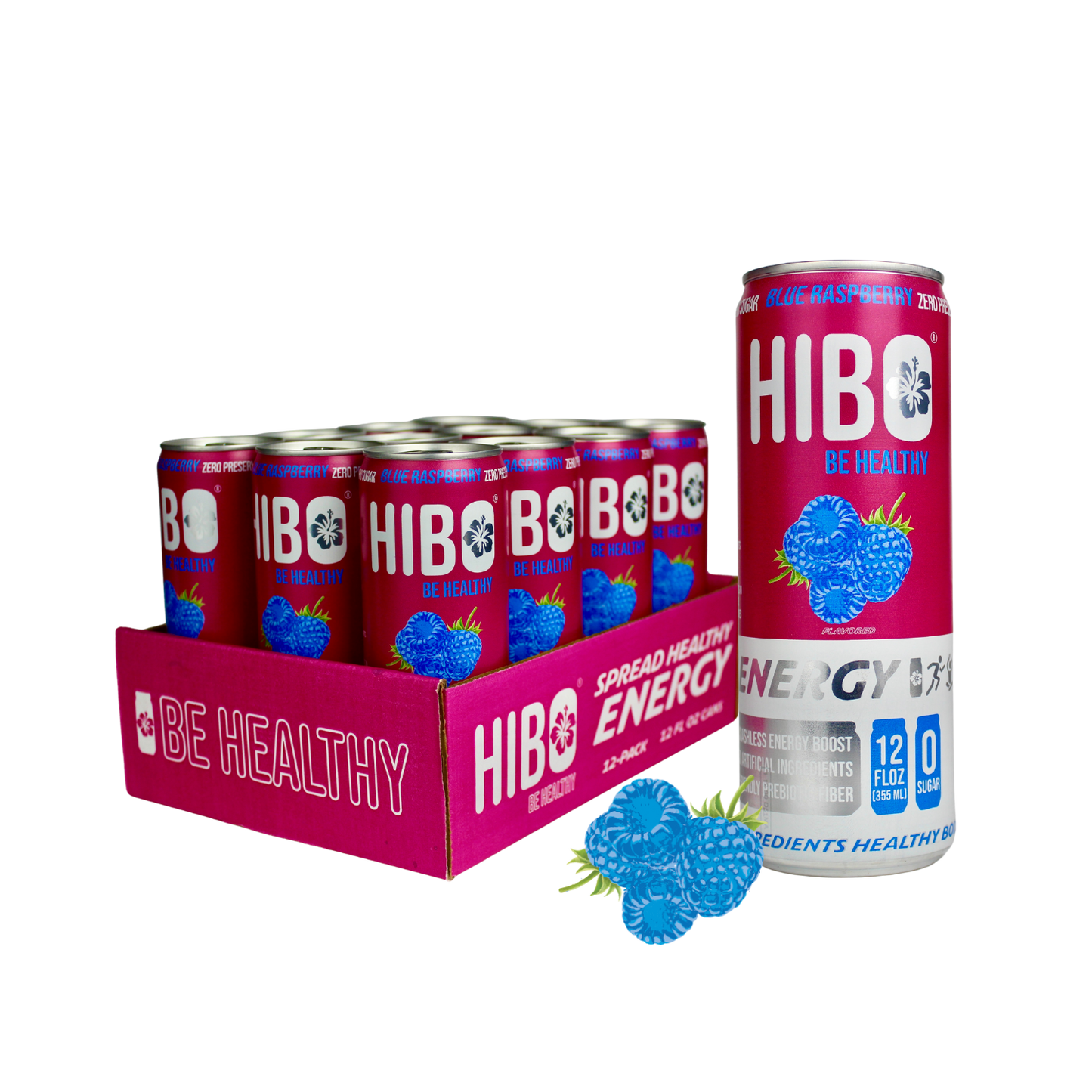 All-Natural Zero Sugar Energy Drink HIBO BLUE RASPBERRY, 12 FL OZ - Preservative Free - Gut Healthy - Key Electrolytes Antioxidants & Vitamins - Organic Caffeine - 10 Calories