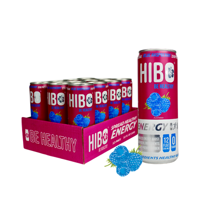 All-Natural Zero Sugar Energy Drink HIBO BLUE RASPBERRY, 12 FL OZ - Preservative Free - Gut Healthy - Key Electrolytes Antioxidants & Vitamins - Organic Caffeine - 10 Calories