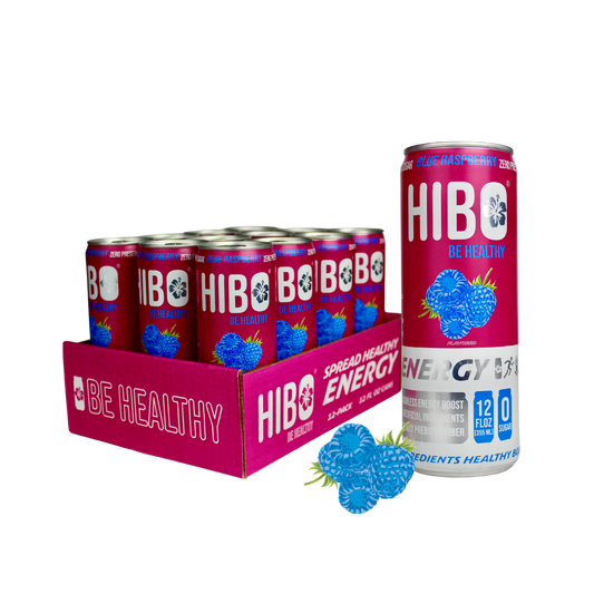 All-Natural Zero Sugar Energy Drink HIBO BLUE RASPBERRY, 12 FL OZ - Preservative Free - Gut Healthy - Key Electrolytes Antioxidants & Vitamins - Organic Caffeine - 10 Calories