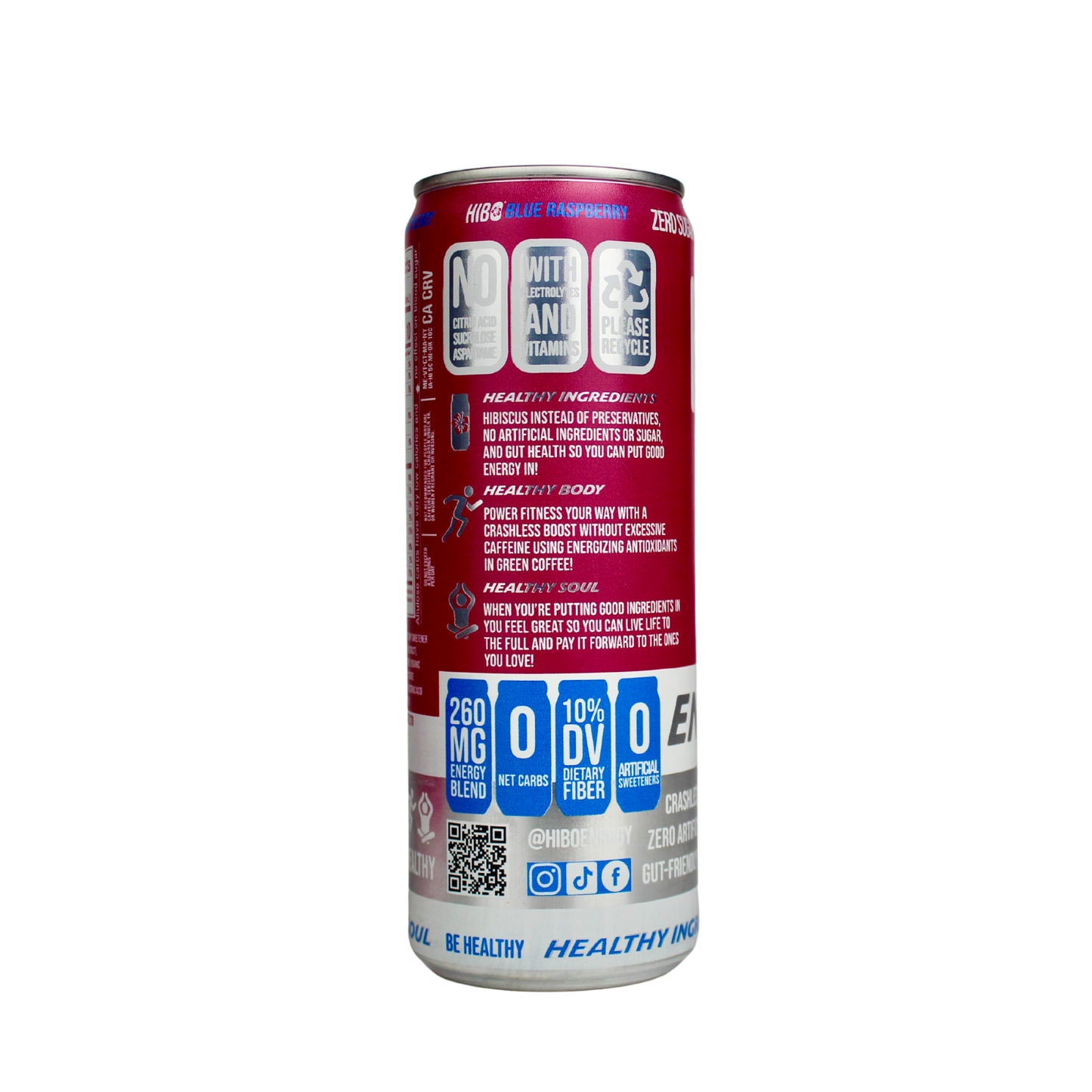 All-Natural Zero Sugar Energy Drink HIBO BLUE RASPBERRY, 12 FL OZ - Preservative Free - Gut Healthy - Key Electrolytes Antioxidants & Vitamins - Organic Caffeine - 10 Calories