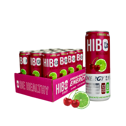 All-Natural Zero Sugar Energy Drink HIBO CHERRY LIMEADE, 12 FL OZ - Preservative Free - Gut Healthy - Key Electrolytes Antioxidants & Vitamins - Organic Caffeine - 10 Calories