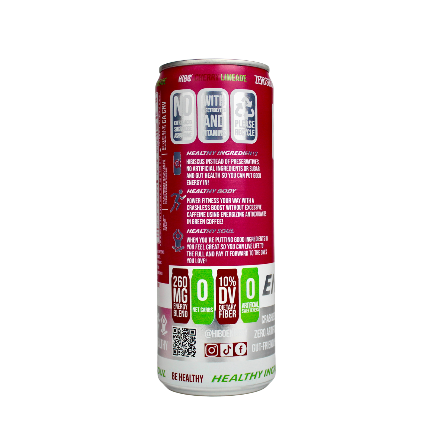 All-Natural Zero Sugar Energy Drink HIBO CHERRY LIMEADE, 12 FL OZ - Preservative Free - Gut Healthy - Key Electrolytes Antioxidants & Vitamins - Organic Caffeine - 10 Calories