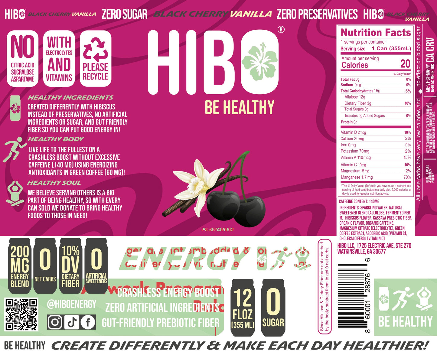 (BRAND NEW!) All-Natural Zero Sugar Energy Drink HIBO BLACK CHERRY VANILLA