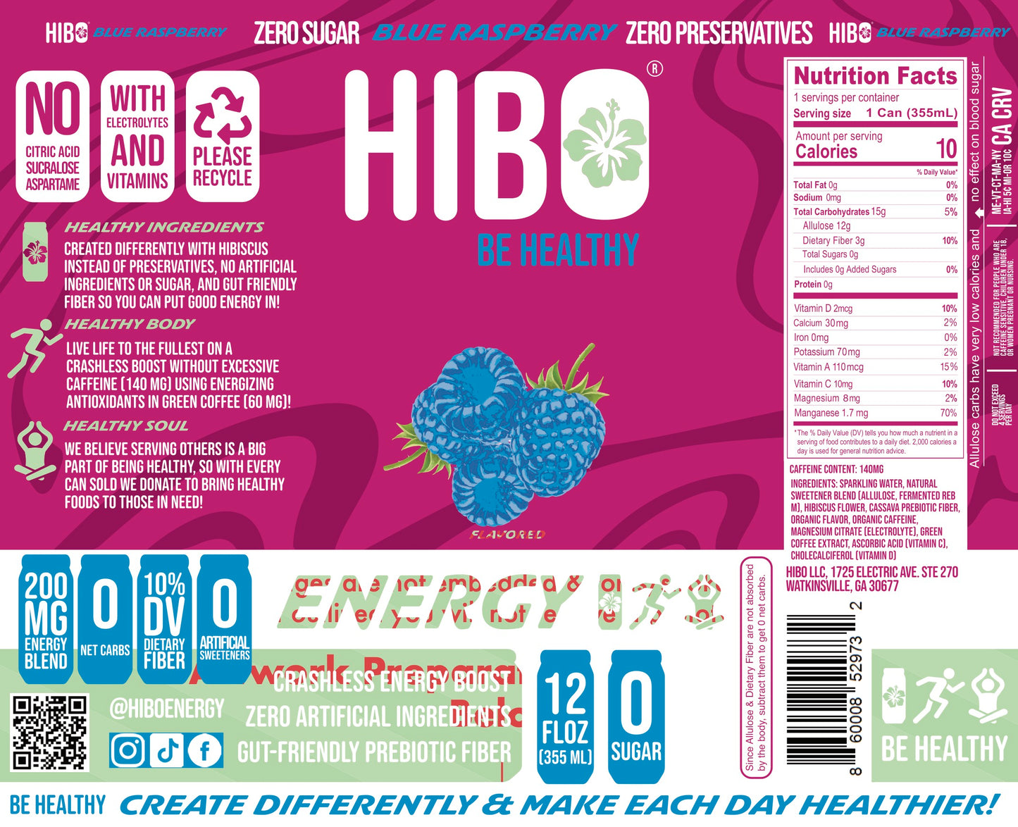 All-Natural Zero Sugar Energy Drink HIBO BLUE RASPBERRY
