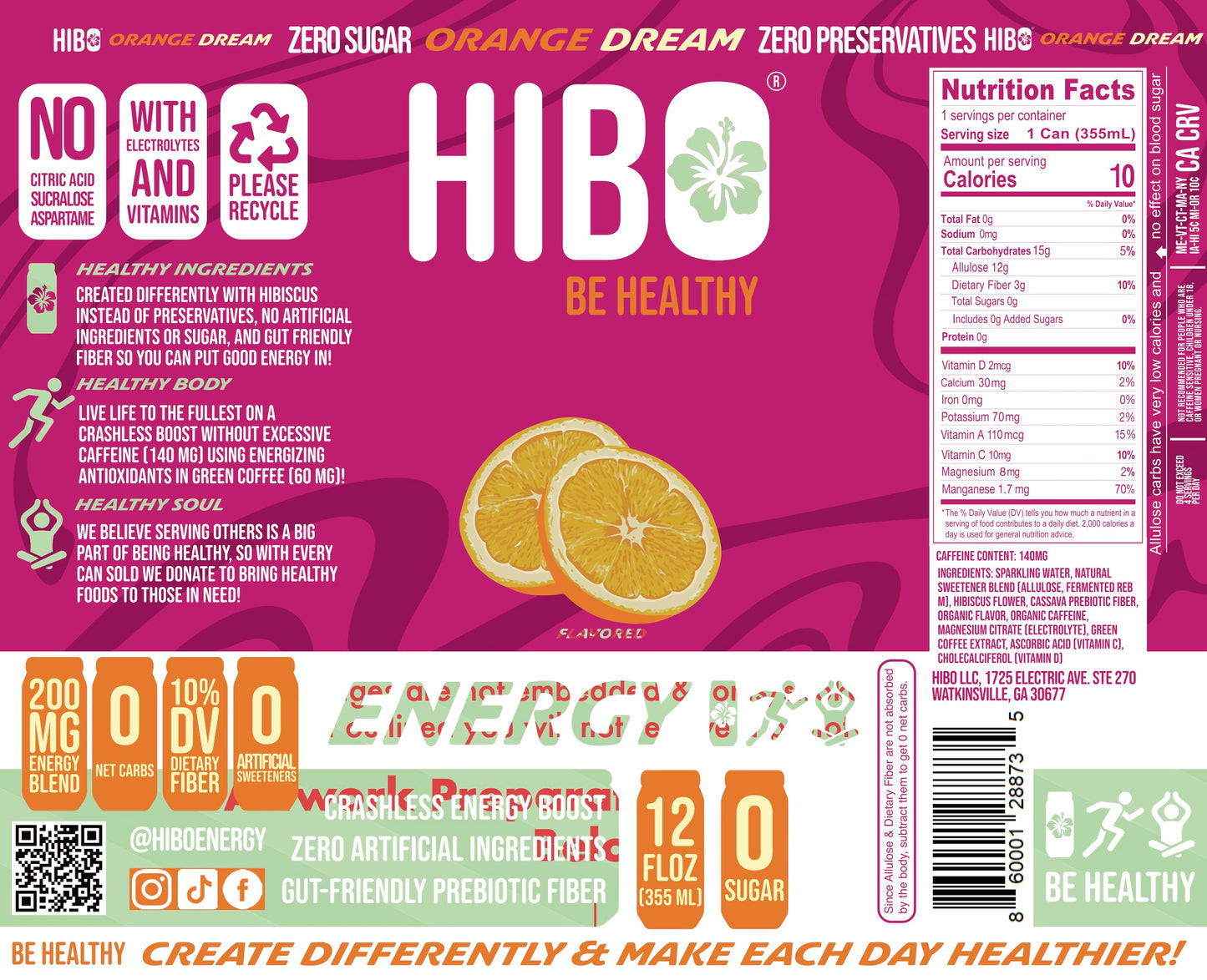 All-Natural Zero Sugar Energy Drink HIBO ORANGE DREAM