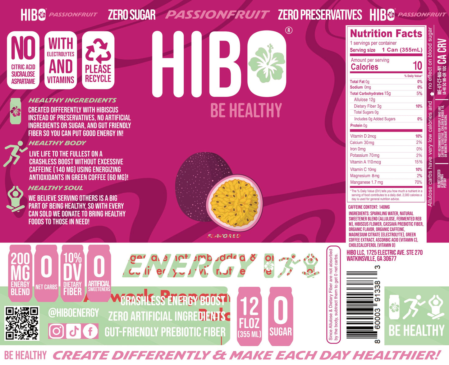 All-Natural Zero Sugar Energy Drink HIBO PASSIONFRUIT