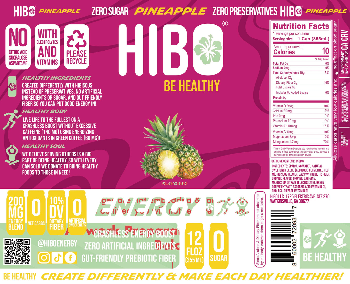 All-Natural Zero Sugar Energy Drink HIBO PINEAPPLE