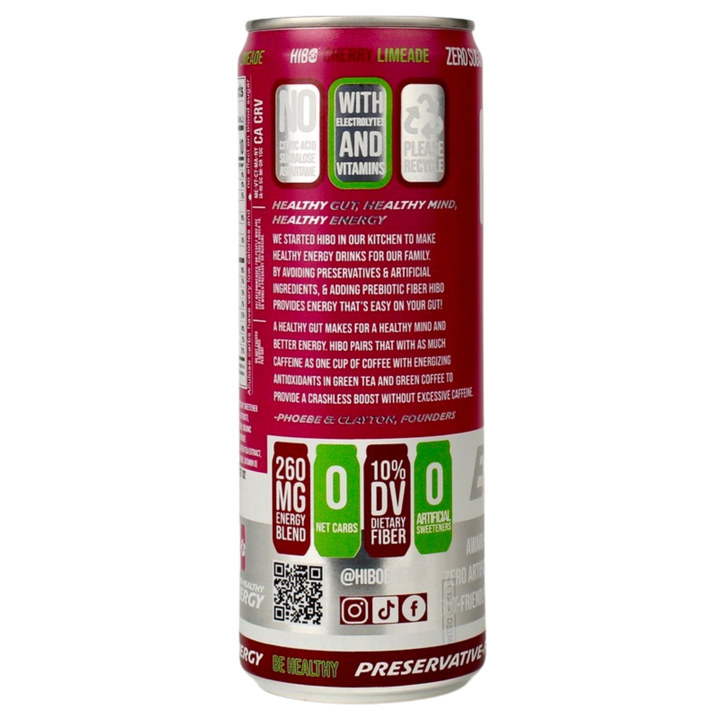 HIBO CHERRY LIMEADE (NEW!), Gut-Healthy Energy Drink 12 FL OZ - Sugar Free - Preservative Free - Artificial Free - Key Electrolytes Antioxidants & Vitamins - Organic Caffeine - 10 Calories