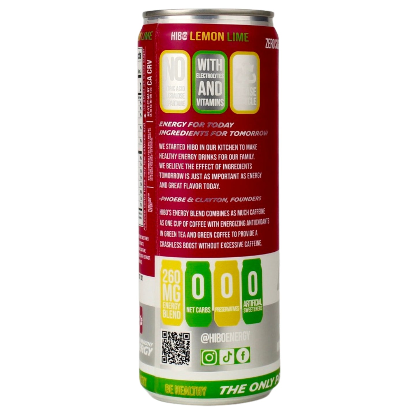 HIBO LEMON LIME, Gut-Healthy Energy Drink 12 FL OZ - Sugar Free - Preservative Free - Artificial Free - Key Electrolytes Antioxidants & Vitamins - Organic Caffeine - 10 Calories