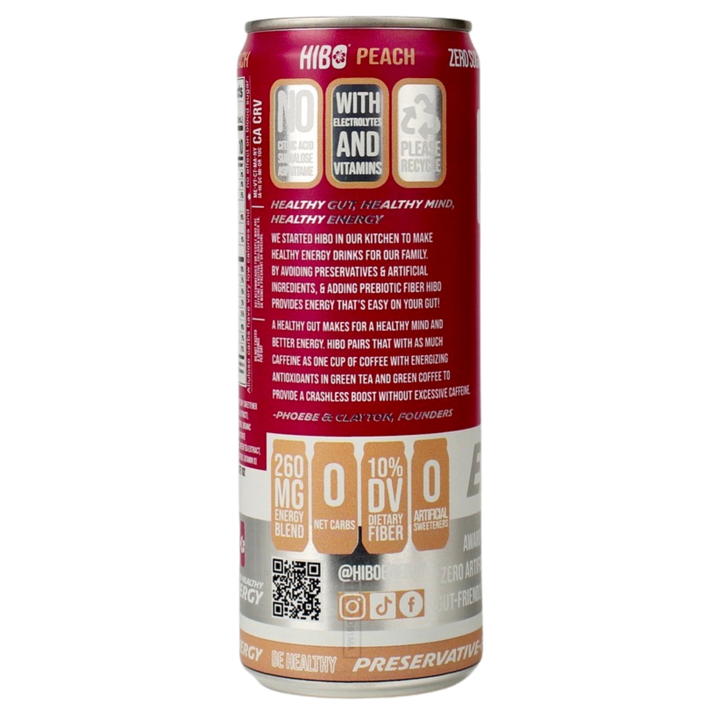 HIBO PEACH, Gut-Healthy Energy Drink 12 FL OZ - Sugar Free - Preservative Free - Artificial Free - Key Electrolytes Antioxidants & Vitamins - Organic Caffeine - 10 Calories