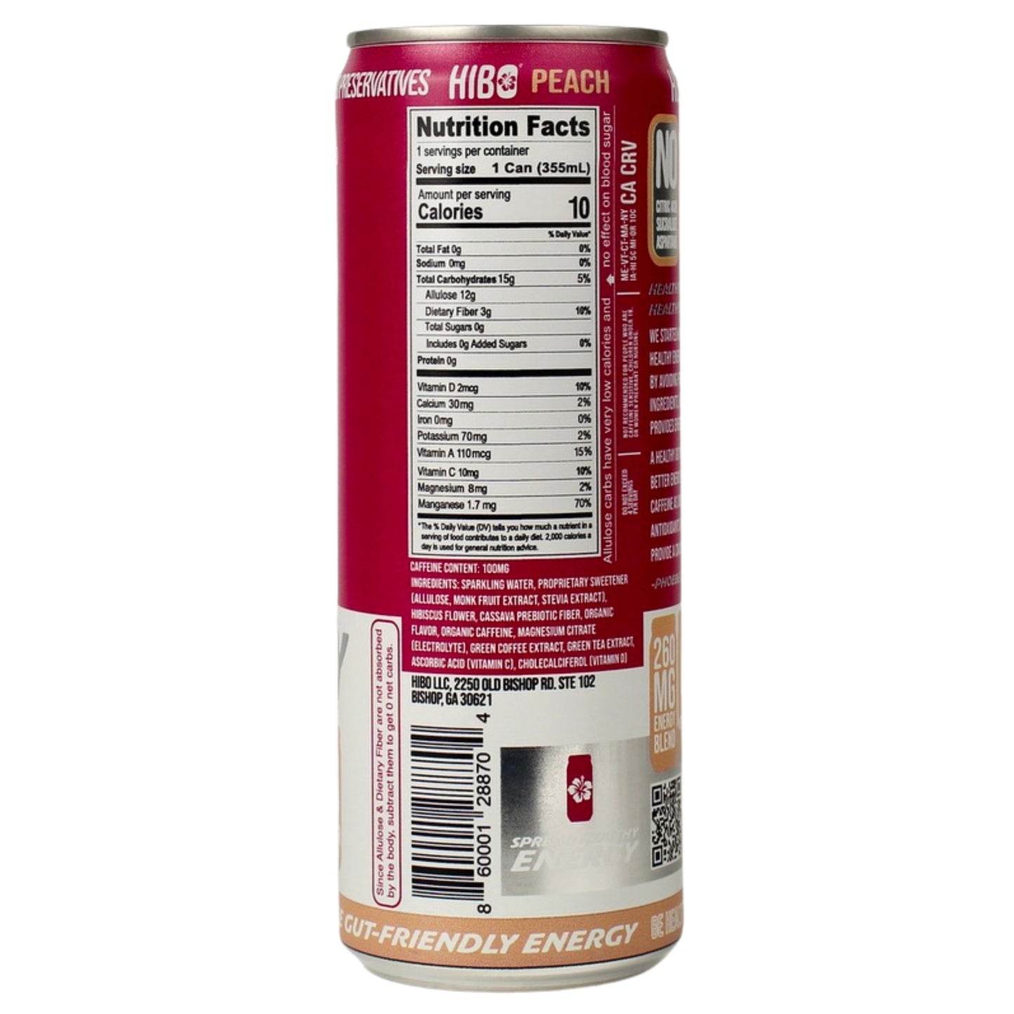 HIBO PEACH, Gut-Healthy Energy Drink 12 FL OZ - Sugar Free - Preservative Free - Artificial Free - Key Electrolytes Antioxidants & Vitamins - Organic Caffeine - 10 Calories