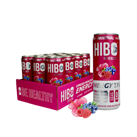 All-Natural Zero Sugar Energy Drink HIBO ORIGINAL (Mixed Berry), 12 FL OZ - Preservative Free - Gut Healthy - Key Electrolytes Antioxidants & Vitamins - Organic Caffeine - 10 Calories
