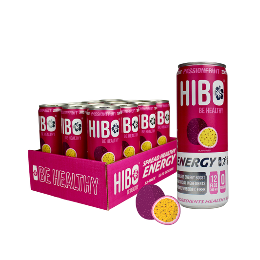 All-Natural Zero Sugar Energy Drink HIBO PASSIONFRUIT, 12 FL OZ - Preservative Free - Gut Healthy - Key Electrolytes Antioxidants & Vitamins - Organic Caffeine - 10 Calories