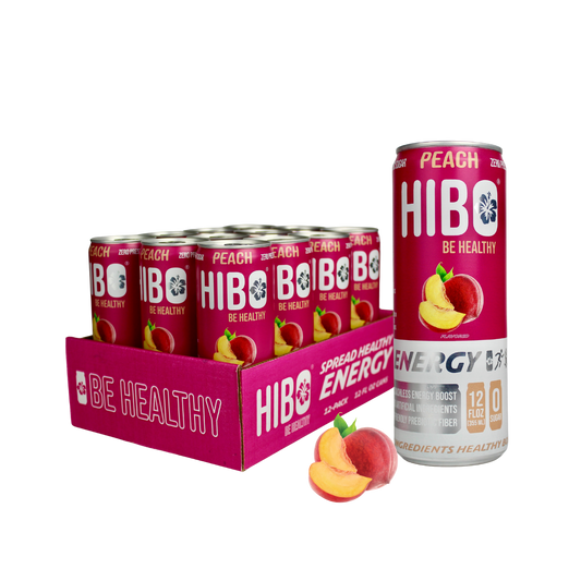 All-Natural Zero Sugar Energy Drink HIBO PEACH, 12 FL OZ - Preservative Free - Gut Healthy - Key Electrolytes Antioxidants & Vitamins - Organic Caffeine - 10 Calories