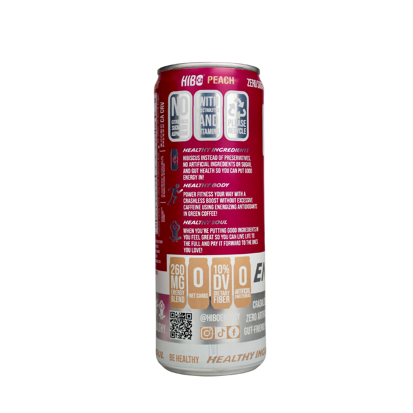 All-Natural Zero Sugar Energy Drink HIBO PEACH, 12 FL OZ - Preservative Free - Gut Healthy - Key Electrolytes Antioxidants & Vitamins - Organic Caffeine - 10 Calories