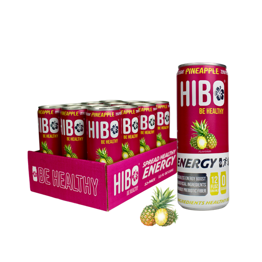 All-Natural Zero Sugar Energy Drink HIBO PINEAPPLE, 12 FL OZ - Preservative Free - Gut Healthy - Key Electrolytes Antioxidants & Vitamins - Organic Caffeine - 10 Calories