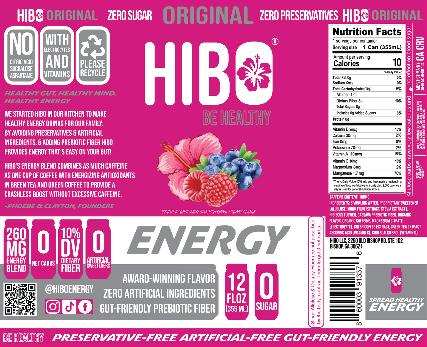 HIBO ORIGINAL (Mixed Berry), Gut-Healthy Energy Drink 12 FL OZ - Sugar Free - Preservative Free - Artificial Free - Key Electrolytes Antioxidants & Vitamins - Organic Caffeine - 10 Calories