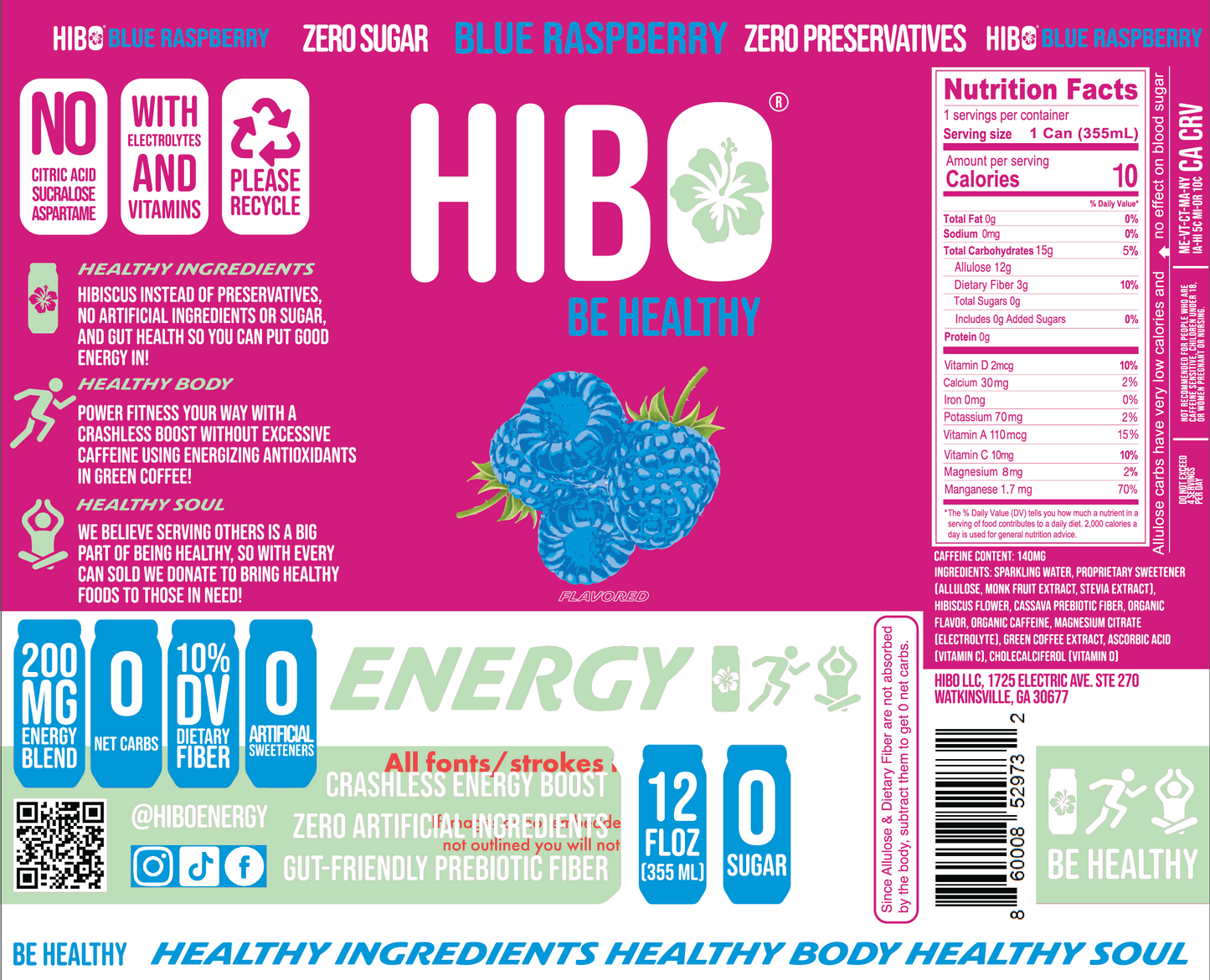 All-Natural Zero Sugar Energy Drink HIBO BLUE RASPBERRY, 12 FL OZ - Preservative Free - Gut Healthy - Key Electrolytes Antioxidants & Vitamins - Organic Caffeine - 10 Calories