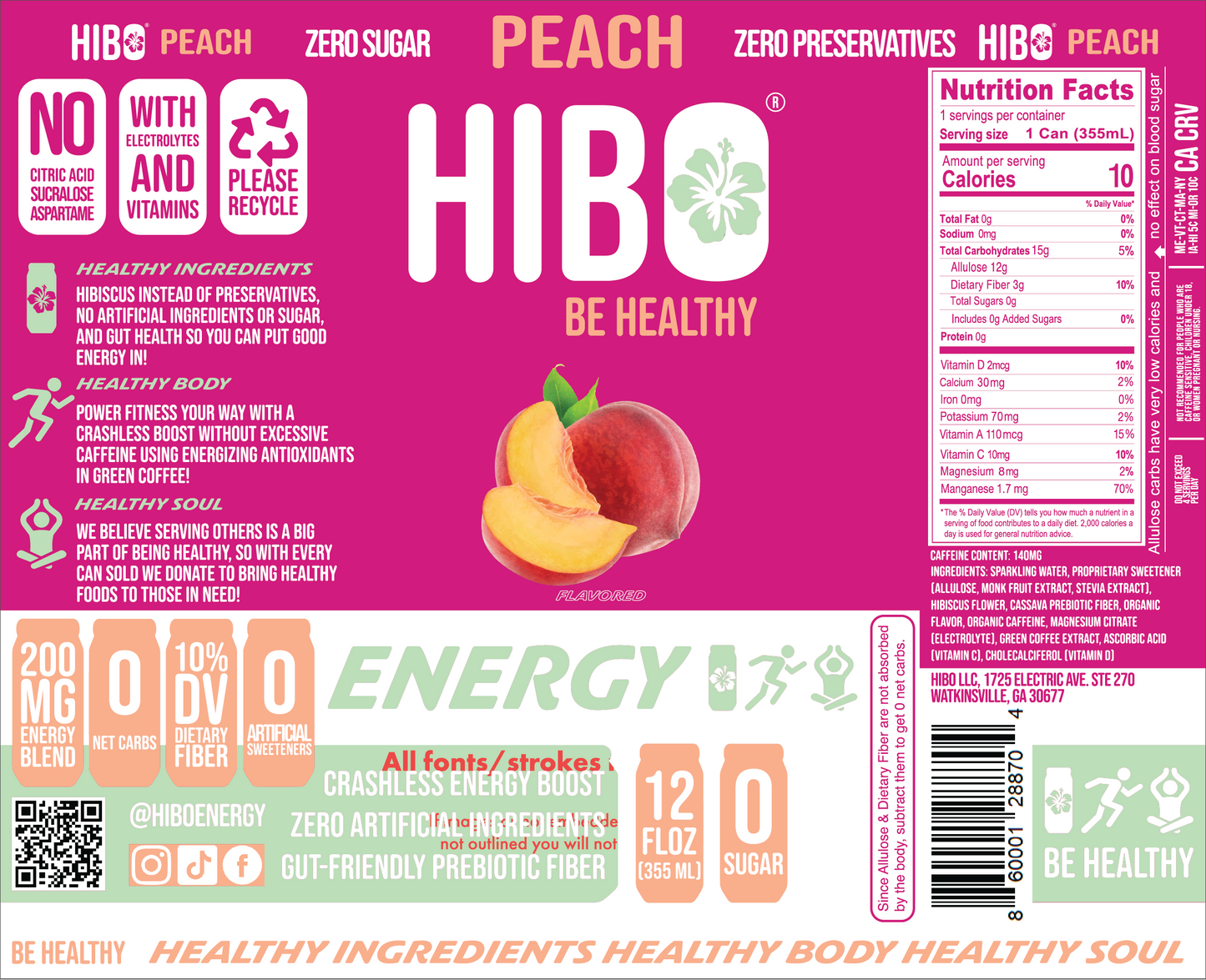 All-Natural Zero Sugar Energy Drink HIBO PEACH, 12 FL OZ - Preservative Free - Gut Healthy - Key Electrolytes Antioxidants & Vitamins - Organic Caffeine - 10 Calories
