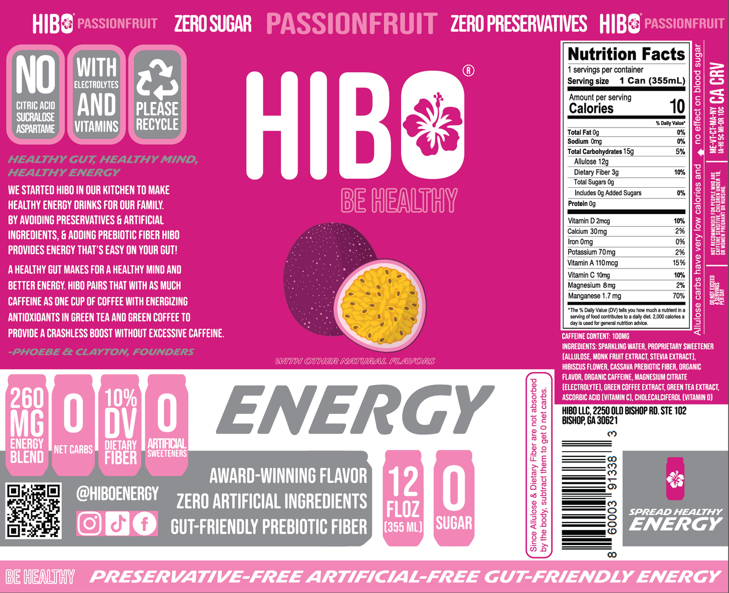 HIBO PASSIONFRUIT, Gut-Healthy Energy Drink 12 FL OZ - Sugar Free - Preservative Free - Artificial Free - Key Electrolytes Antioxidants & Vitamins - Organic Caffeine - 10 Calories