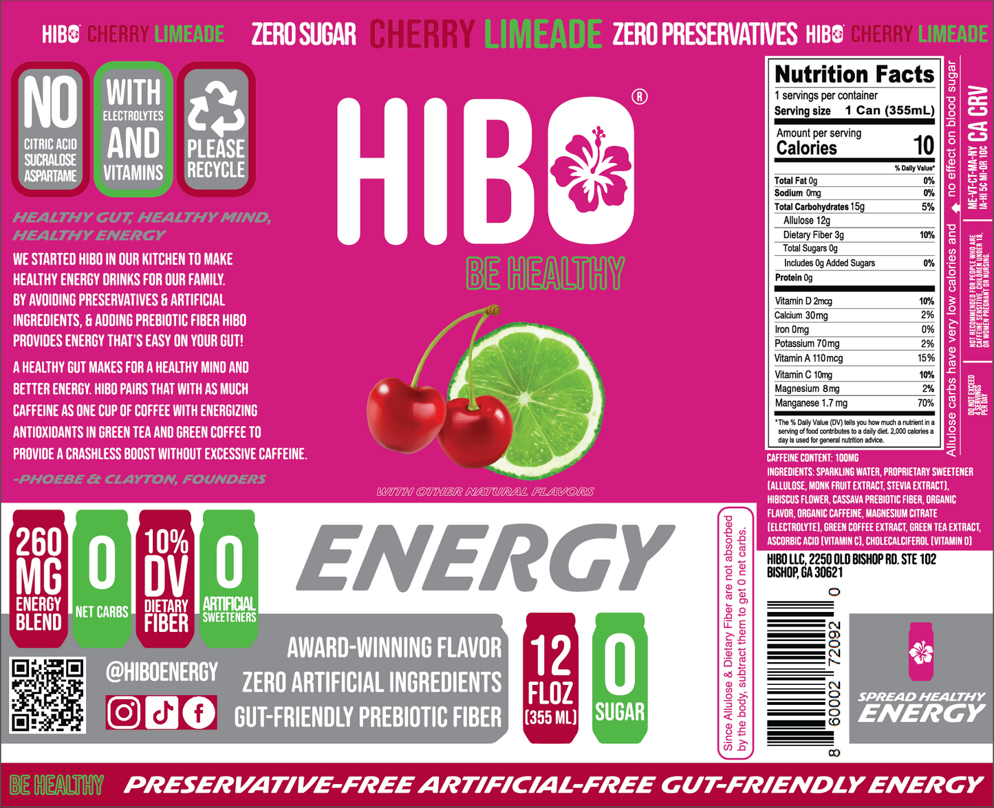 HIBO CHERRY LIMEADE (NEW!), Gut-Healthy Energy Drink 12 FL OZ - Sugar Free - Preservative Free - Artificial Free - Key Electrolytes Antioxidants & Vitamins - Organic Caffeine - 10 Calories