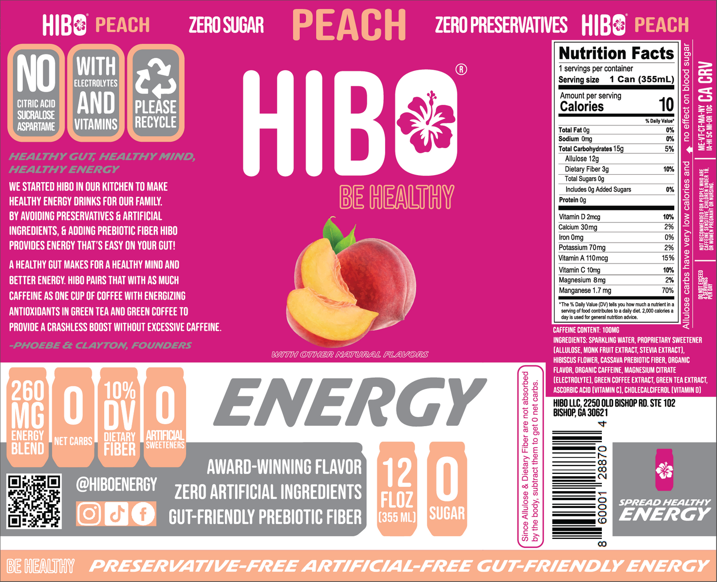 HIBO PEACH, Gut-Healthy Energy Drink 12 FL OZ - Sugar Free - Preservative Free - Artificial Free - Key Electrolytes Antioxidants & Vitamins - Organic Caffeine - 10 Calories